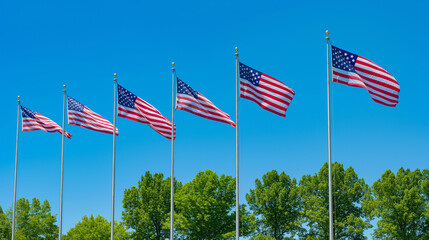Patriotic Loyalty Day background, American flags waving in the wind, clear blue sky, symbolizing national pride and unity