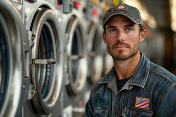 A man stands in front of a humming kitchen appliance, his face reflecting the satisfaction of freshly laundered clothes as he watches the clothes dryer spin