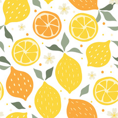 Seamless pattern lemon. Slices of citrus and leaf on color background. Vector illustration.