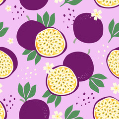 Seamless pattern passion fruit whole and slice on color background. Vector illustration.