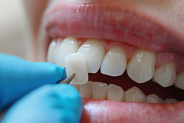 The dentist uses a tooth color sample from the palette. Choosing the shade of dental veneers. Veneers and crowns made of multilayer lithium disilicate and painting. Dental treatment concept