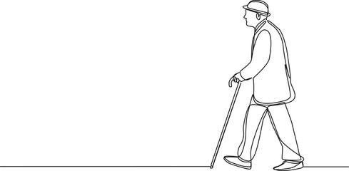 continuous single line drawing of elderly man walking with a cane, line art vector illustration
