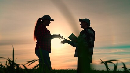 Two farmers conclude contract in wheat field. Handshake for signing contract. Agricultural industry...