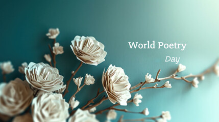 paper blooming flowers on a branch, turquoise background, world poetry day, poster card - obrazy, fototapety, plakaty