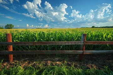Under the summer sky, a wooden fence stands guard over a lush field of cash crops, a picturesque scene of agriculture and nature at its finest
