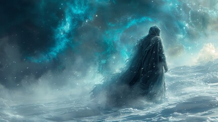 Cloaked form with a planetary nebula face wandering the frost covered tundras auroras dancing overhead