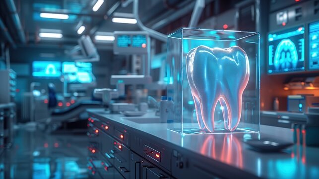 Illustration of modern technology of healthcare dentist, holographic tooth illustration