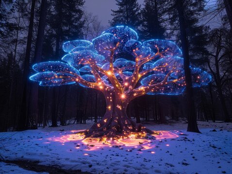 Chlorophyll molecule projection on a giant sequoia highlighting the unseen process of photosynthesis in neon colors