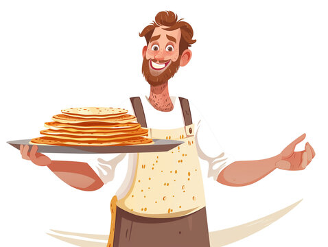 Man in apron holding a plate of pancakes. Flat illustration for web. White background.