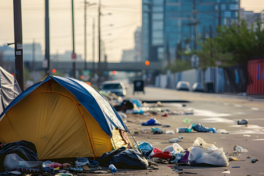 Homeless Camp in Downtown Los Angeles Vibrant Cityscape Style