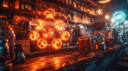 Caffeine molecule made of neon lights pulsating with energy in a dark cosmic coffee shop