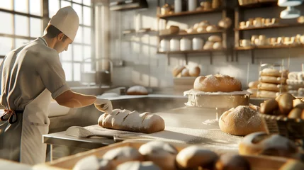Fototapeten Baker prepares fresh bread in the bakery for sale in shop © Wolfilser