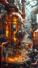 Fototapeta premium Automated alchemist mixing potions bubbling cauldrons controlled by intricate levers