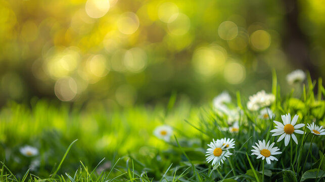 Spring background with green grass and white flowers, daisies, copy space. Generative AI.
