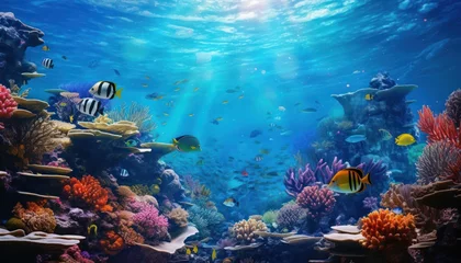Fotobehang Fish in the water, coral reef, underwater life, various fish and exotic coral reefs © Virgo Studio Maple
