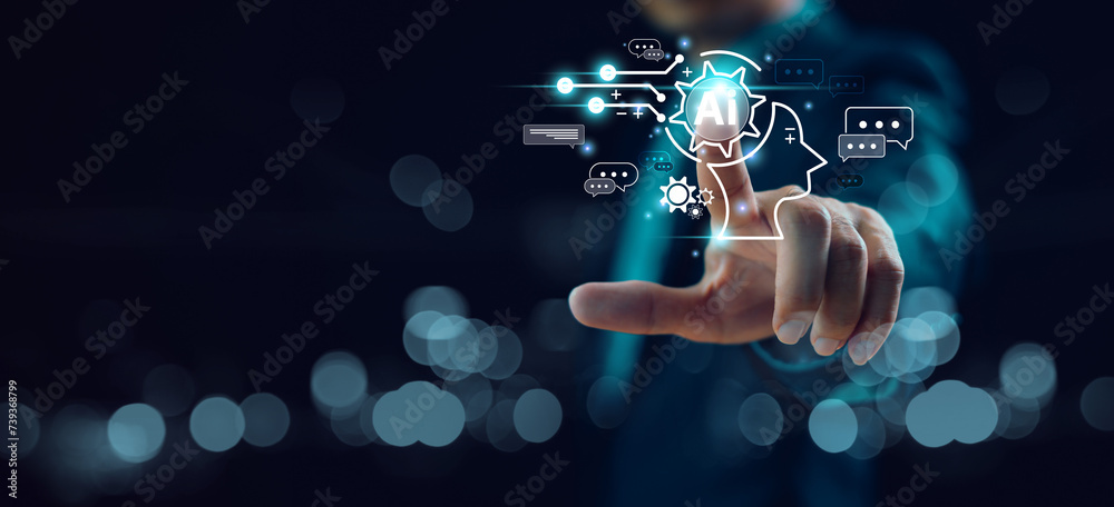 Poster businessman show virtual graphic global internet connect command prompt chat with ai cpu for generat