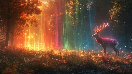 An opal in a forest clearing casting rainbow light on the surrounding foliage with a curious deer peering into the colorful glow - obrazy, fototapety, plakaty