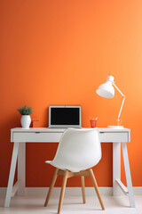 A minimalistic office mockup with a clean, white work desk, a pop of vibrant orange in the chair, and a colorful desk lamp.