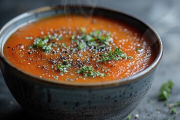 Indulge in a warm, comforting dish of aromatic soup, filled with flavorful herbs, served in an elegant bowl, perfect for a cozy indoor meal with a side of zesty sauce