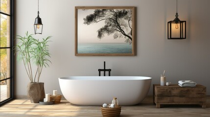 Bathroom interior design with a jacuzzi tub, black and white concept.