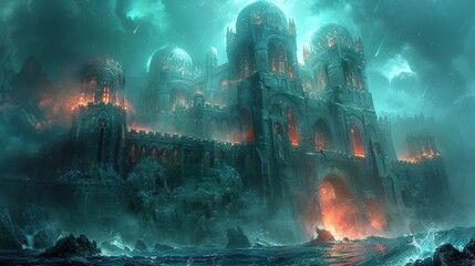 Abyssal Keep submerged beneath a luminescent sea guarded by merfolk and coral sentinels
