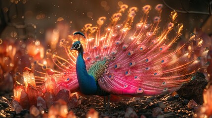 A peacock with its feathers fanned out standing before glowing ruby crystals the red light enhancing the birds natural iridescence