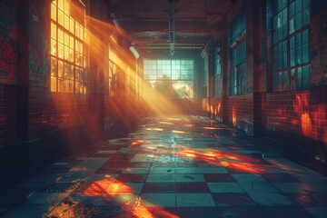 The screenshot captures the grandeur of a city building, as light streams through the windows, illuminating the hallway with a sense of hope and possibility - obrazy, fototapety, plakaty