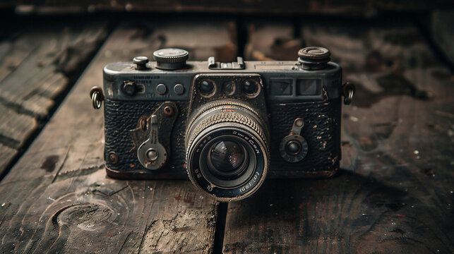 A vintage camera with worn edges, symbolizing the stories captured and the passage of time. Concept of imperfect tools with perfect memories