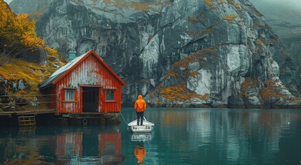 A lone man finds solace in the serene beauty of nature as he drifts on the calm waters of the lake, surrounded by vibrant autumn trees and a striking red boathouse in the distance