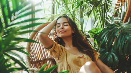 Beautiful young woman relaxing in chair surrounded by green houseplants on balcony