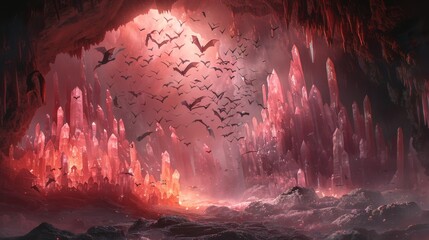 A colony of bats emerging from a cave lit by ruby crystals their flight paths illuminated in a breathtaking crimson ballet