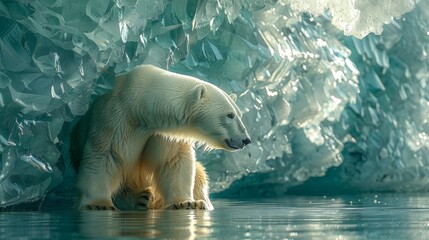 A cluster of sapphire crystals within a translucent iceberg where a polar bear rests the ice casting sapphire light across its fur