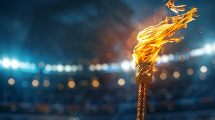 Blazing flame in olympic torch against blurred sports arena with copyspace for text placement  - obrazy, fototapety, plakaty