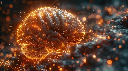 A brain connected to a neural network interface displaying cognitive patterns as glowing connections on a dark starry background