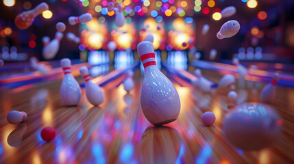 Bowling Brilliance: Pins Toppling in Action  - obrazy, fototapety, plakaty