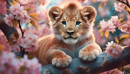 Cute baby Lion in a Cherry Blossom Tree