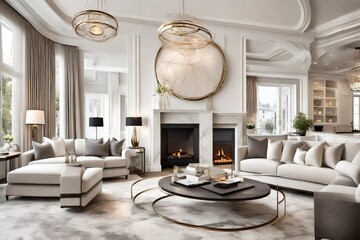 Luxurious living room interior design with fireplace and white kitchen