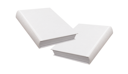 Blank book cover mockup, front and back design. Hardcover mock up, angled view, isolated on white