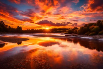 A vibrant sunset over a serene river beach, with waves gently rolling onto the shore, creating a...