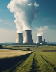 atomic power plant in the distance, with scenic landscape