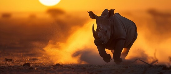 Majestic rhino gracefully running through the dusty savanna at sunset