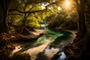 A hidden cove along a winding river, with shadows dancing on the sandy bottom and sunlight...
