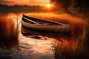 A solitary canoe drifting peacefully on a serene river, framed by tall grass and a colorful sunset reflecting on the water. - obrazy, fototapety, plakaty