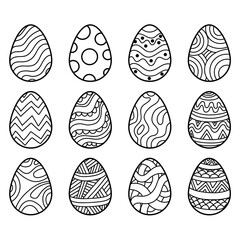 Coloriage pour enfant - Ensemble d’œufs de Pâques décorés - A décorer, peintre - Activité manuelle pour les enfants - Motifs simples, dessinés à la main pour célébrer Pâques à l'école ou à la maison - obrazy, fototapety, plakaty