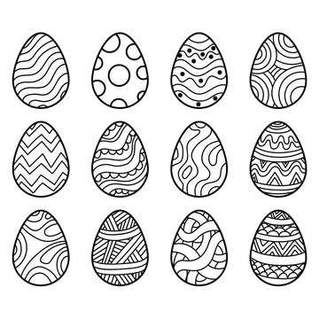 Coloriage pour enfant - Ensemble d&rsquo;&oelig;ufs de P&acirc;ques d&eacute;cor&eacute;s - A d&eacute;corer, peintre - Activit&eacute; manuelle pour les enfants - Motifs simples, dessin&eacute;s &agrave; la main pour c&eacute;l&eacute;brer P&acirc;ques &agrave; l'&eacute;cole ou &agrave; la maison
