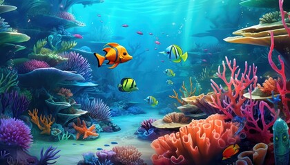 Fototapeta na wymiar Fish in the water, coral reef, underwater life, various fish and exotic coral reefs