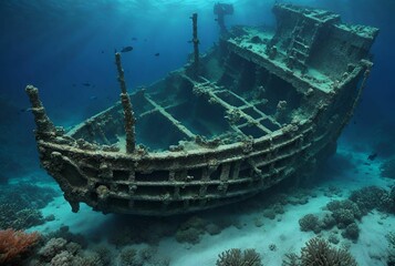 Shipwreck on the bottom of the ocean. Ancient sunken ship close-up.
