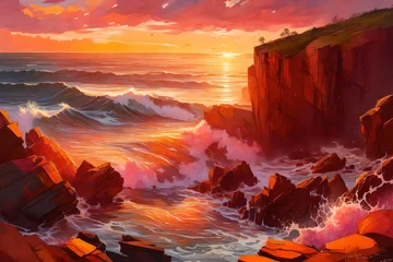 Crédence de cuisine en verre imprimé Rouge violet Waves crashing against rugged cliffs as the sun sets, painting the sky in warm hues of orange and pink.