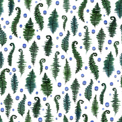 Seamless ornament with watercolor fern casts and water drops on a white background