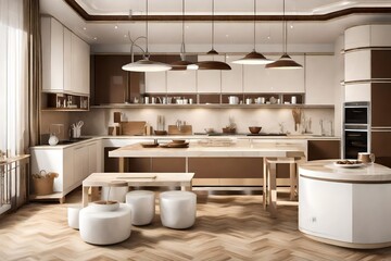 Interior design of elegant kitchen with whit white, beige and brown elements